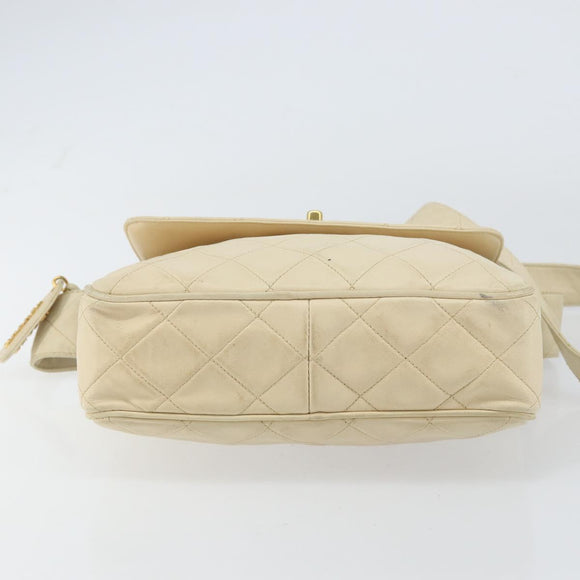 CHANEL Matelasse Shoulder Bag Lamb Skin White Gold CC Auth 156813