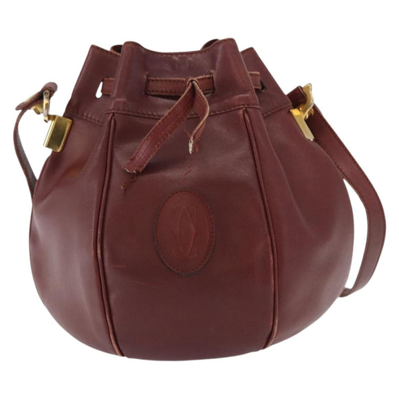 CARTIER Must Line Shoulder Bag Leather Bordeaux Gold Auth 156815