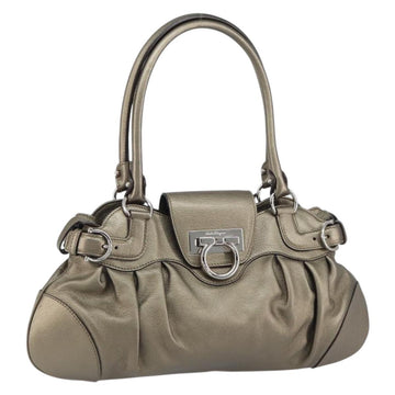 Salvatore Ferragamo Gancini Hand Bag Leather Silver Auth 156816