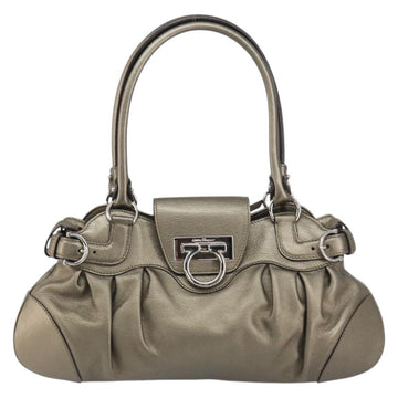 Salvatore Ferragamo Gancini Hand Bag Leather Silver Auth 156816 - 0