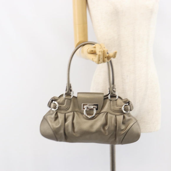 Salvatore Ferragamo Gancini Hand Bag Leather Silver Auth 156816