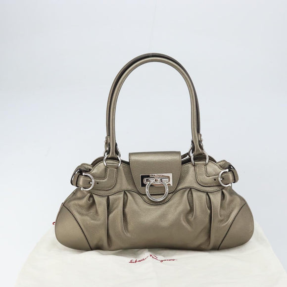 Salvatore Ferragamo Gancini Hand Bag Leather Silver Auth 156816