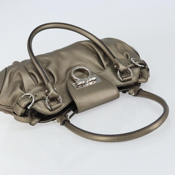 Salvatore Ferragamo Gancini Hand Bag Leather Silver Auth 156816