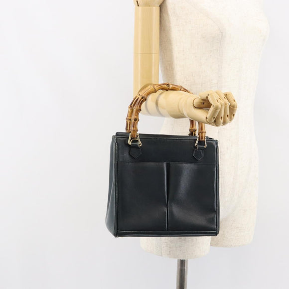 GUCCI Bamboo Hand Bag Leather Gold Navy 000 1364 0316 Auth 156828