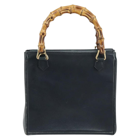 GUCCI Bamboo Hand Bag Leather Gold Navy 000 1364 0316 Auth 156828