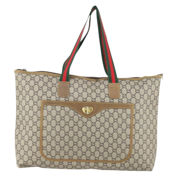 GUCCI GG Plus Supreme Web Sherry Line Tote Bag PVC Beige Red Auth 156834