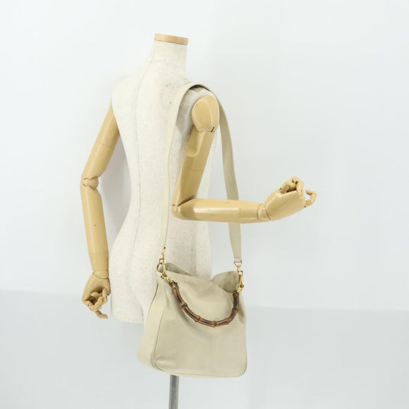 GUCCI Bamboo Hand Bag Leather 2way White Gold 001 0166 1638 Auth 156854