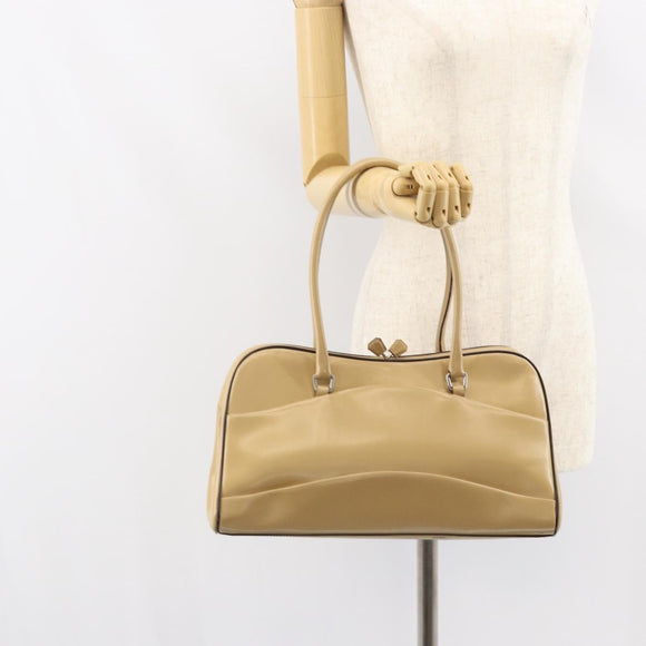 PRADA Hand Bag Leather Beige Silver Auth 156868