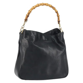 GUCCI Bamboo Hand Bag Leather Black Gold Auth 156870
