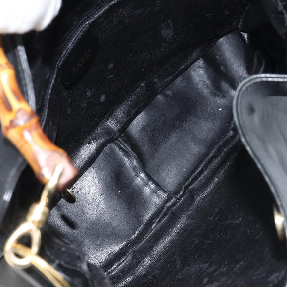 GUCCI Bamboo Hand Bag Leather Black Gold Auth 156870