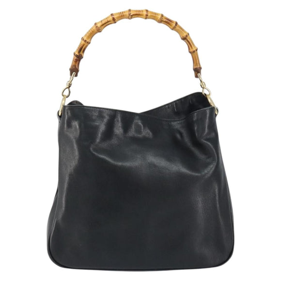 GUCCI Bamboo Hand Bag Leather Black Gold Auth 156870