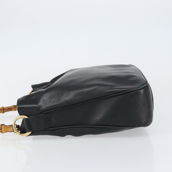 GUCCI Bamboo Hand Bag Leather Black Gold Auth 156870