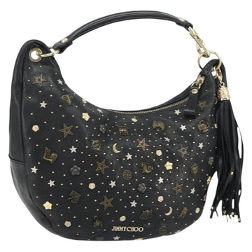 Jimmy Choo Studs Hand Bag Leather Black Gold Auth 156871