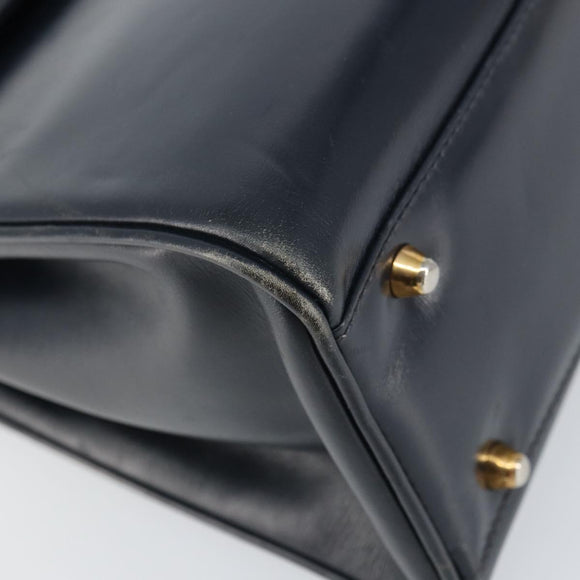 GUCCI Hand Bag Leather Navy Gold Auth 156872