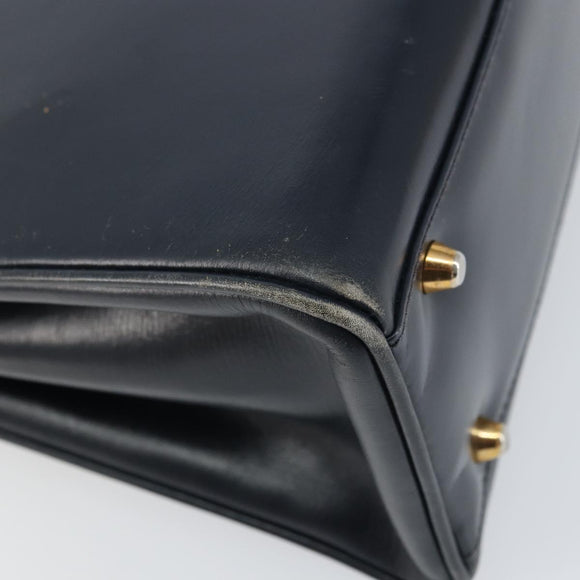 GUCCI Hand Bag Leather Navy Gold Auth 156872