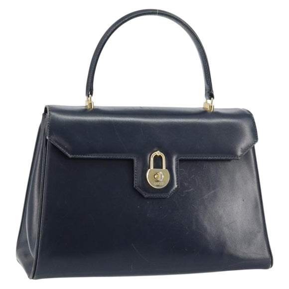 GUCCI Hand Bag Leather Navy Gold Auth 156872