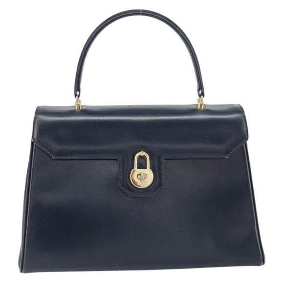 GUCCI Hand Bag Leather Navy Gold Auth 156872
