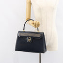GUCCI Hand Bag Leather Navy Gold Auth 156872-24