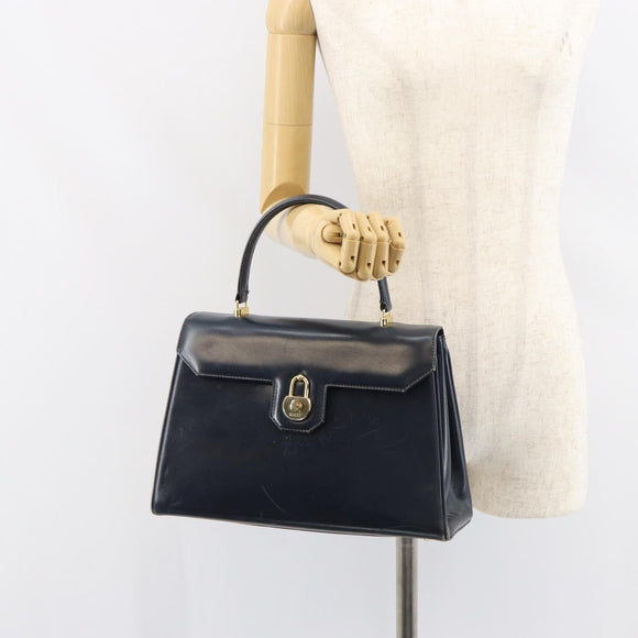 GUCCI Hand Bag Leather Navy Gold Auth 156872