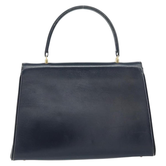 GUCCI Hand Bag Leather Navy Gold Auth 156872