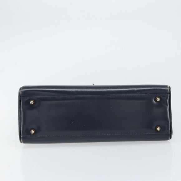 GUCCI Hand Bag Leather Navy Gold Auth 156872