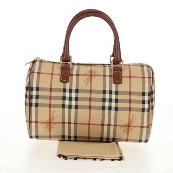 BURBERRY Nova Check Boston Bag PVC Leather Beige Gold Auth 156880V