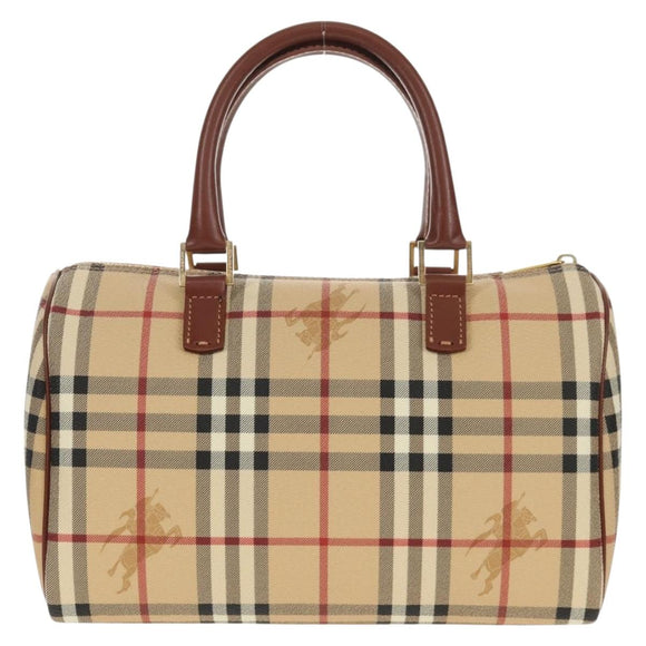 BURBERRY Nova Check Boston Bag PVC Leather Beige Gold Auth 156880V