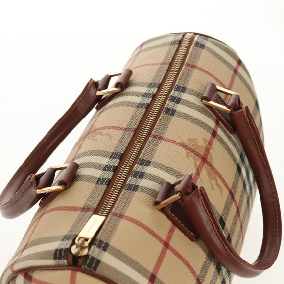 BURBERRY Nova Check Boston Bag PVC Leather Beige Gold Auth 156880V