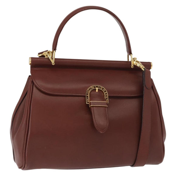 VALENTINO Hand Bag Leather 2way Bordeaux Gold Auth 156887