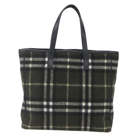 Burberrys Nova Check Blue Label Tote Bag Wool Green Silver Auth 156889