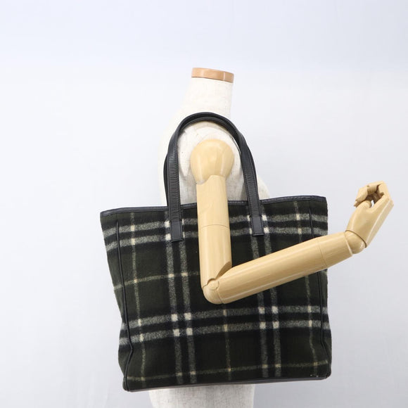 Burberrys Nova Check Blue Label Tote Bag Wool Green Silver Auth 156889