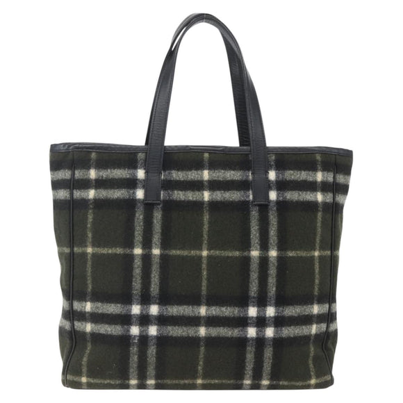 Burberrys Nova Check Blue Label Tote Bag Wool Green Silver Auth 156889