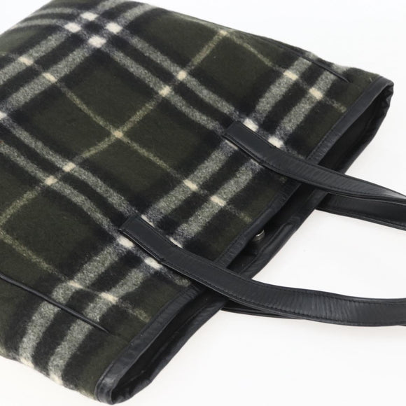 Burberrys Nova Check Blue Label Tote Bag Wool Green Silver Auth 156889