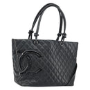CHANEL Cambon Line Tote Bag Leather Black Silver CC Auth 156893-1