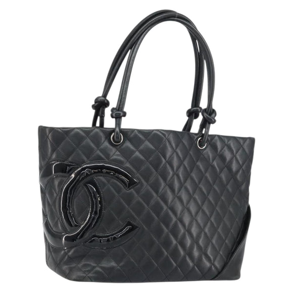 CHANEL Cambon Line Tote Bag Leather Black Silver CC Auth 156893