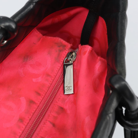 CHANEL Cambon Line Tote Bag Leather Black Silver CC Auth 156893