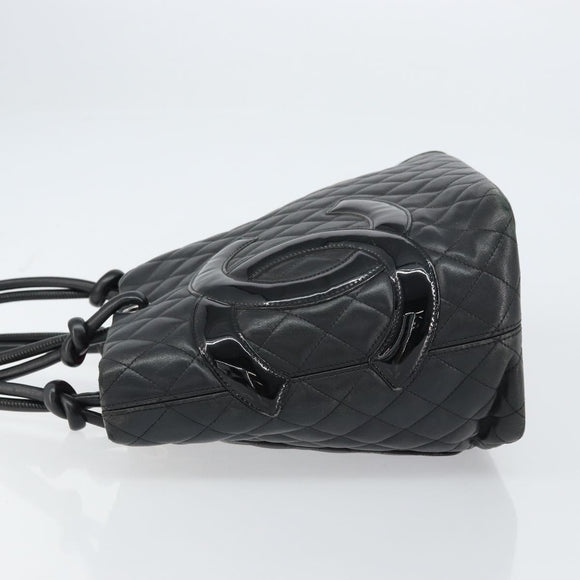 CHANEL Cambon Line Tote Bag Leather Black Silver CC Auth 156893