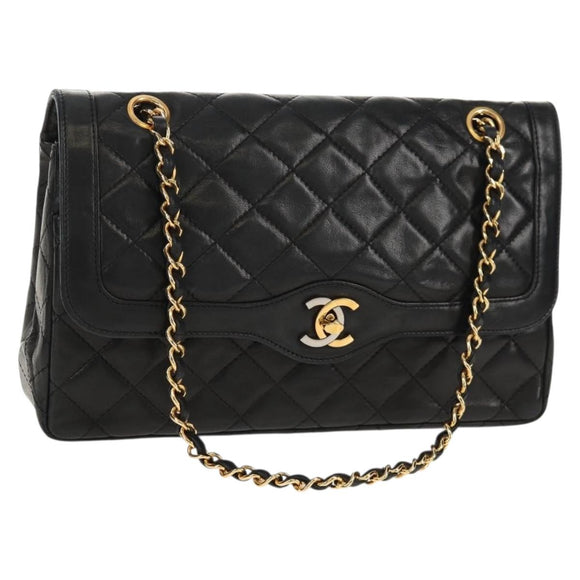 CHANEL Matelasse Chain Paris Limited Bag Lamb Skin Black Gold CC Auth 156894A