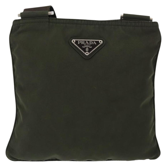 PRADA Shoulder Bag Nylon Khaki Silver Auth 156928