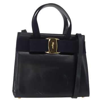Salvatore Ferragamo Vala Hand Bag Leather 2way Navy Gold Auth 156941