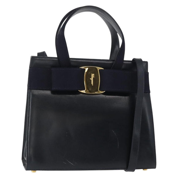 Salvatore Ferragamo Vala Hand Bag Leather 2way Navy Gold Auth 156941