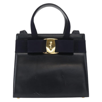 Salvatore Ferragamo Vala Hand Bag Leather 2way Navy Gold Auth 156941 - 0