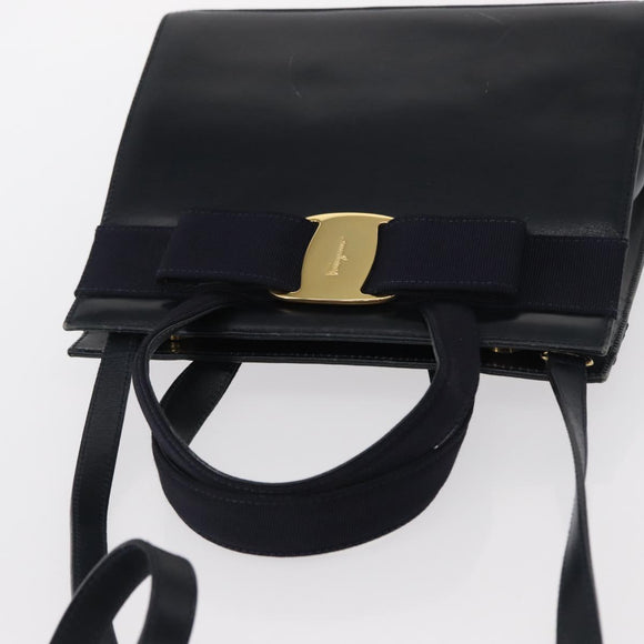 Salvatore Ferragamo Vala Hand Bag Leather 2way Navy Gold Auth 156941