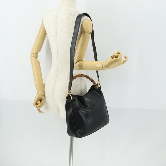 GUCCI Bamboo Hand Bag Leather 2way Black Gold 001 1638 2615 Auth 156944