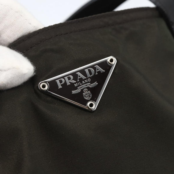 PRADA Tote Bag Nylon Khaki Silver Auth 156947