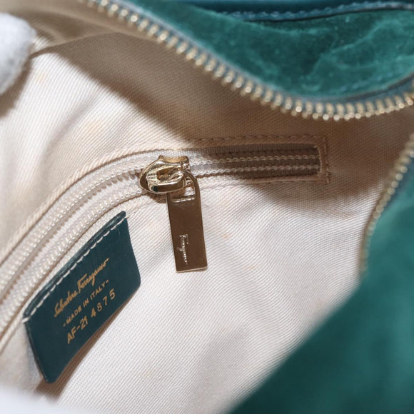 Salvatore Ferragamo Hand Bag Suede 2way Green Gold Auth 156967