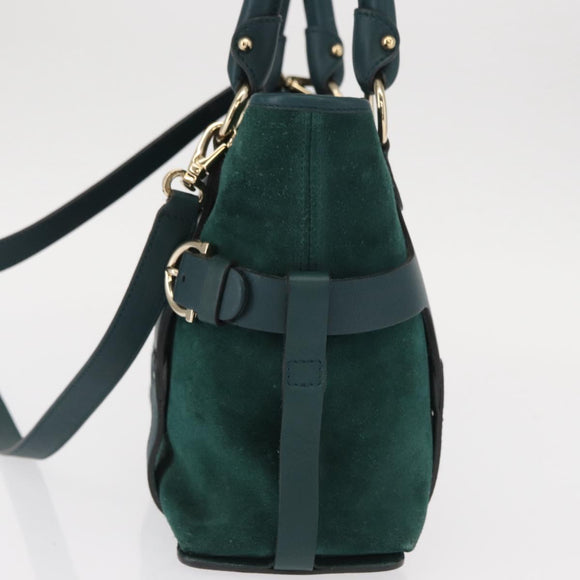Salvatore Ferragamo Hand Bag Suede 2way Green Gold Auth 156967