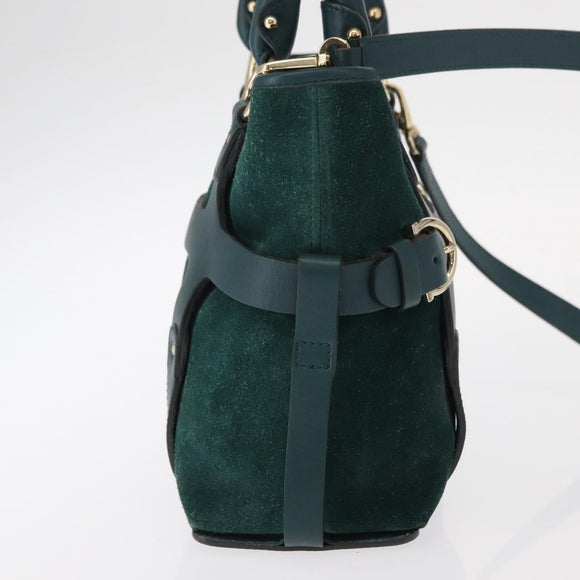 Salvatore Ferragamo Hand Bag Suede 2way Green Gold Auth 156967