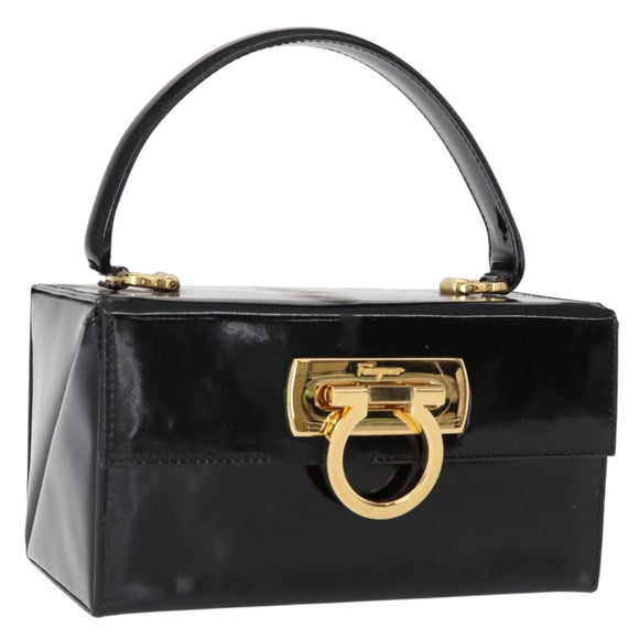 Salvatore Ferragamo Gancini Hand Bag Enamel Black Gold Auth 156968