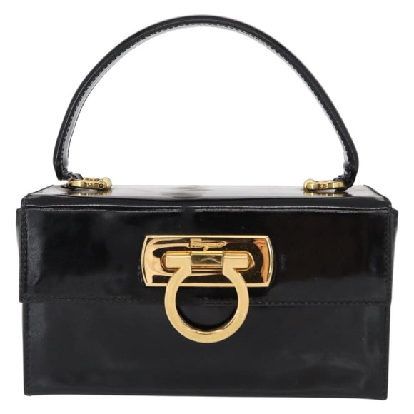 Salvatore Ferragamo Gancini Hand Bag Enamel Black Gold Auth 156968